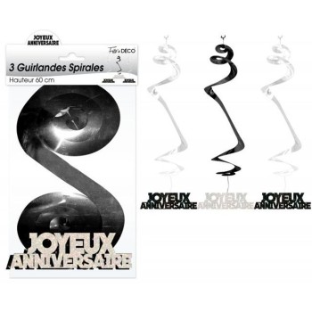 3 guirlandes spirales Joyeux Anniversaire noires