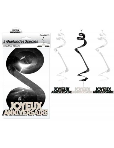 3 guirlandes spirales Joyeux Anniversaire noires