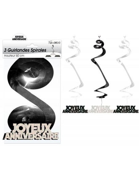 3 guirlandes spirales Joyeux Anniversaire noires