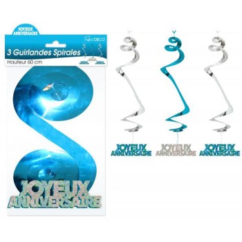 3 guirlandes spirales Joyeux Anniversaire bleues