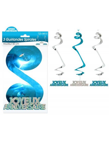 3 guirlandes spirales Joyeux Anniversaire bleues