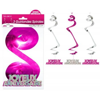 3 guirlandes spirales Joyeux Anniversaire roses