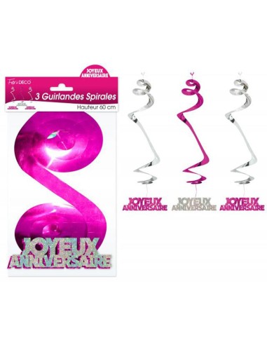3 guirlandes spirales Joyeux Anniversaire roses