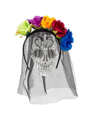 Diadème fleurs multicolores avec voile tête de mort
