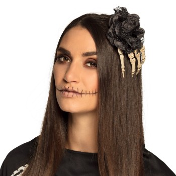 Barette cheveux main squelette et rose noire