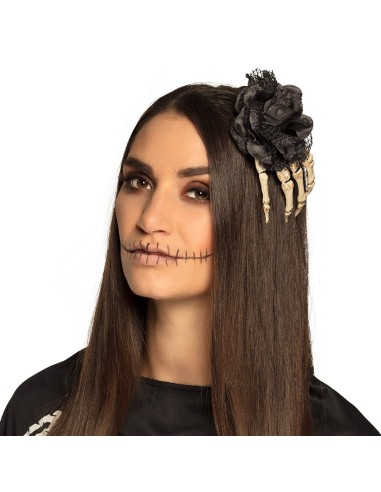 Barette cheveux main squelette et rose noire