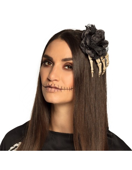 Barette cheveux main squelette et rose noire