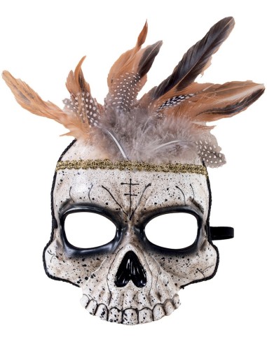 Masque squelette vaudou avec plumes