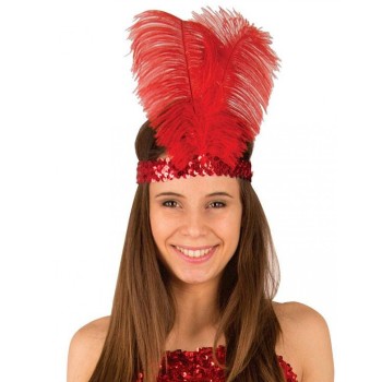 Bandeau rouge à sequins et plumes