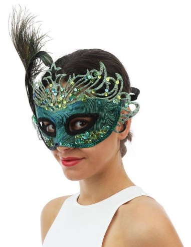 Loup carnaval sequin avec plume de paon