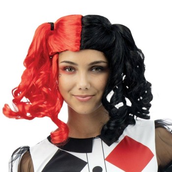 Perruque arlequin avec couettes rouge et noir
