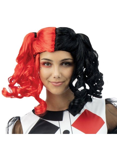 Perruque arlequin avec couettes rouge et noir