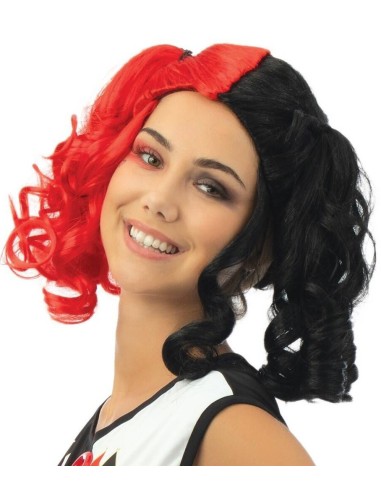 Perruque arlequin avec couettes rouge et noir