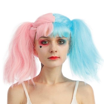 Perruque arlequin avec couettes rose et bleu