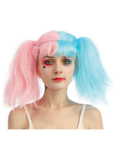 Perruque arlequin avec couettes rose et bleu