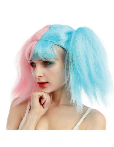 Perruque arlequin avec couettes rose et bleu