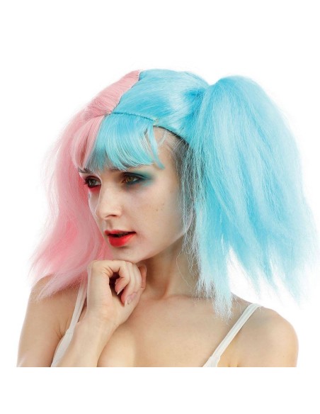 Perruque arlequin avec couettes rose et bleu