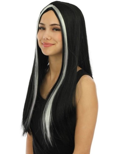 Perruque longue noire avec mèches blanches