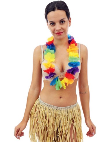 Collier hawaïen fleurs fluo multicolores