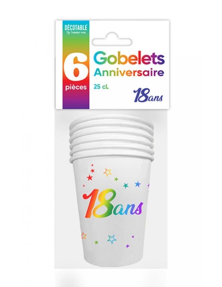6 gobelets joyeux anniversaire 18 ans multicolore