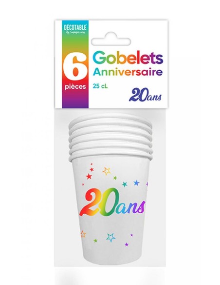 6 gobelets joyeux anniversaire 20 ans multicolore