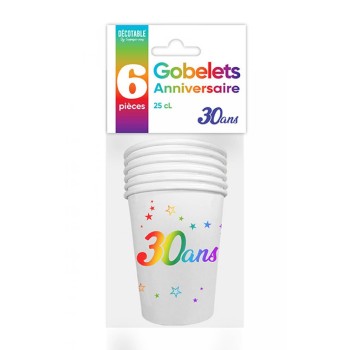 6 gobelets joyeux anniversaire 30 ans multicolore