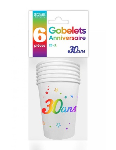 6 gobelets joyeux anniversaire 30 ans multicolore