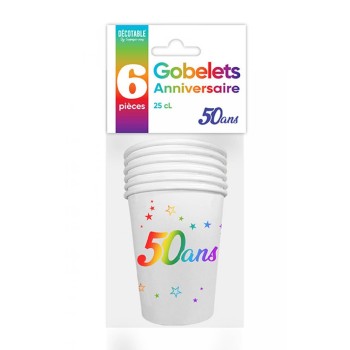 6 gobelets joyeux anniversaire 50 ans multicolore