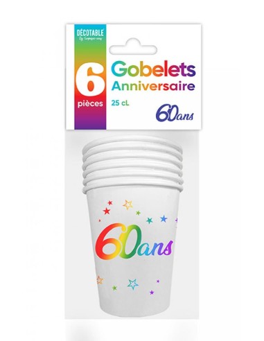 6 gobelets joyeux anniversaire 60 ans multicolore