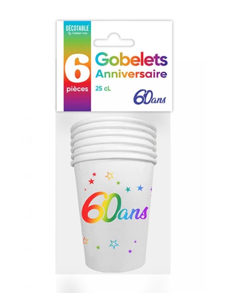 6 gobelets joyeux anniversaire 60 ans multicolore