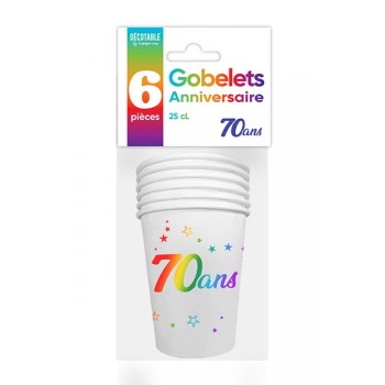 6 gobelets joyeux anniversaire 70 ans multicolore