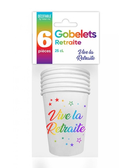6 gobelets vive la retraite multicolore