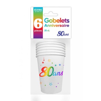 6 gobelets joyeux anniversaire 80 ans multicolore