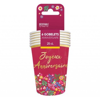6 gobelets joyeux anniversaire floral