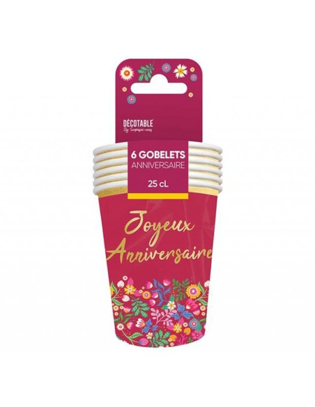 6 gobelets joyeux anniversaire floral
