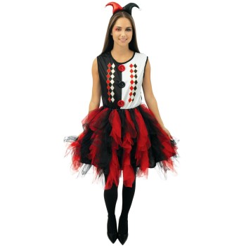 Déguisement arlequine avec froufrou noir & rouge