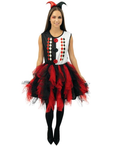 Déguisement arlequine avec froufrou noir & rouge