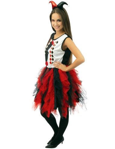 Déguisement arlequine avec froufrou noir & rouge