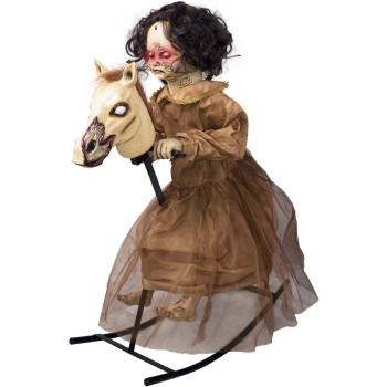 Poupée maléfique sur cheval à bascule déco animée et sonore pour Halloween