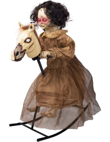Poupée maléfique sur cheval à bascule déco animée et sonore pour Halloween