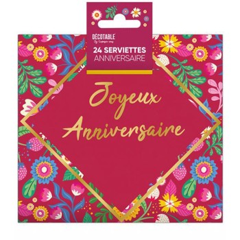 24 serviettes joyeux anniversaire floral
