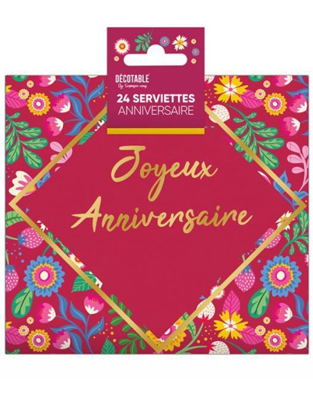 24 serviettes joyeux anniversaire floral