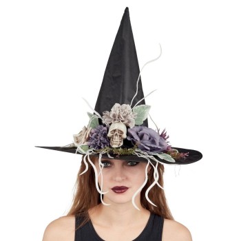Chapeau sorcière avec fleurs et tête de mort