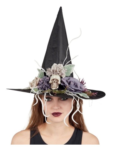 Chapeau sorcière avec fleurs et tête de mort