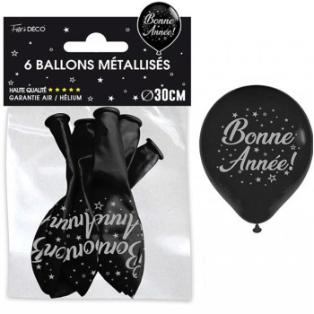 6 ballons bonne année noir et argent
