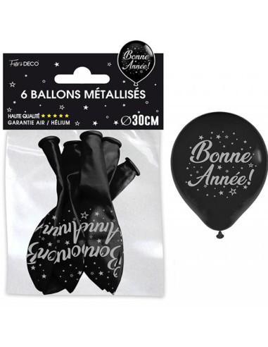 6 ballons bonne année noir et argent