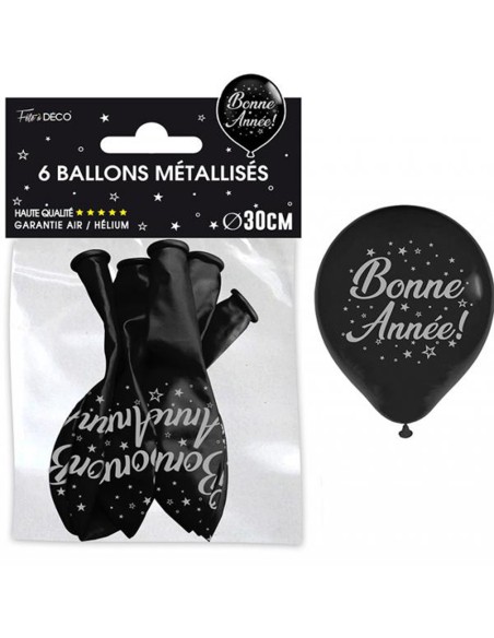 6 ballons bonne année noir et argent