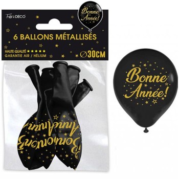 6 ballons bonne année noir et or