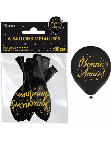 6 ballons bonne année noir et or