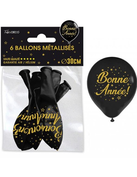 6 ballons bonne année noir et or
